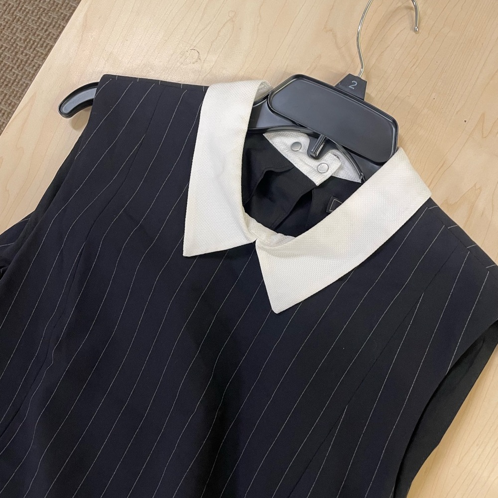 BCBGMAXAZRIA Pinstripe Sleeveless Open Back Collar Detail Work Dress - Picture 3 of 6